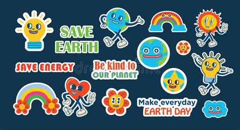 Save The Planet Stickers In Trendy Retro Cartoon Style Set Of Earth