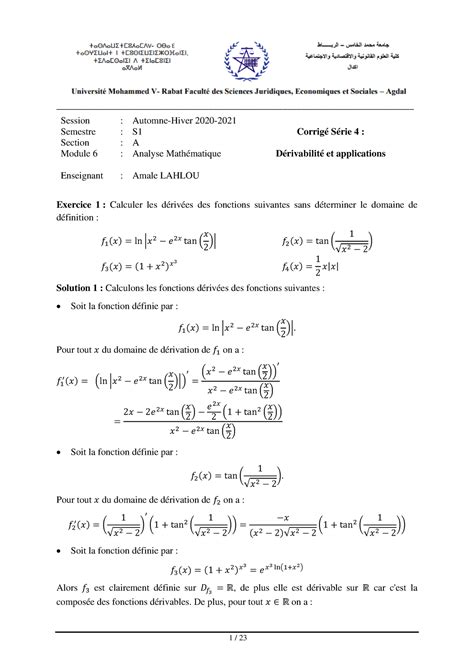 Exercices et Corrigé Dérivabilité et applications 1 23 Exercice 1