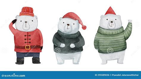 Polar Bear With Christmas Costume Watercolor Paint Cartoon Characters