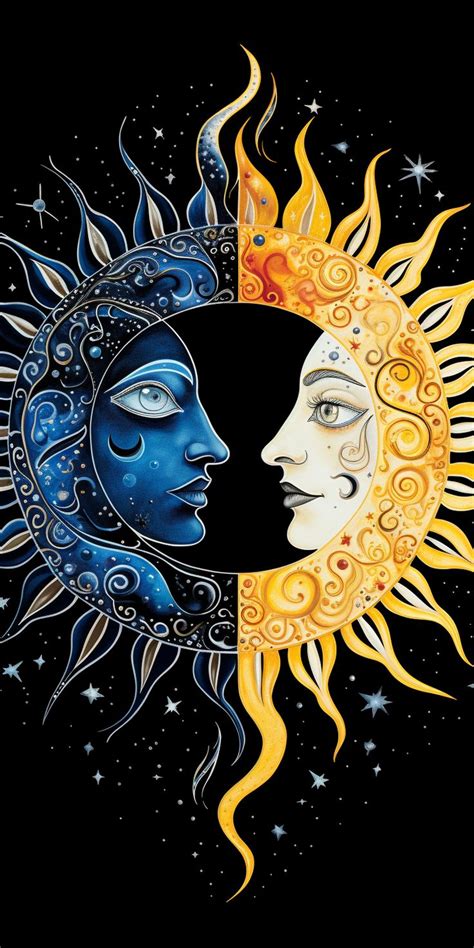 A Painting Of Two Sun And Moon Faces Moon Stars Art Moon Art Sun Art