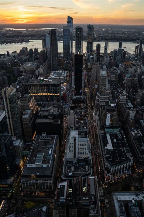 Drone Shot Of New York City At Sunset United States Of America