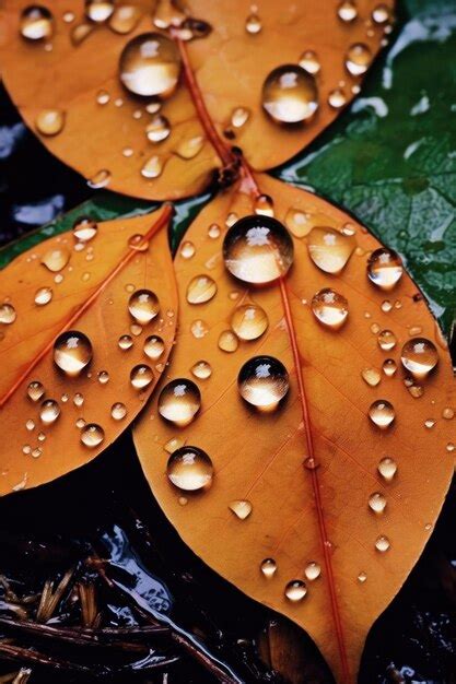 Premium Ai Image Closeup Of Raindrops On Fallen Leaves Created With