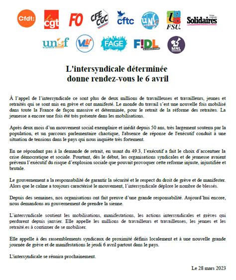 Communiqué intersyndical Mobilisation Retraites du 6 avril 2023 SUD