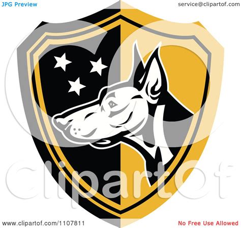 Clipart Doberman Guard Dog Head With Stars On A Black And Yellow Shield