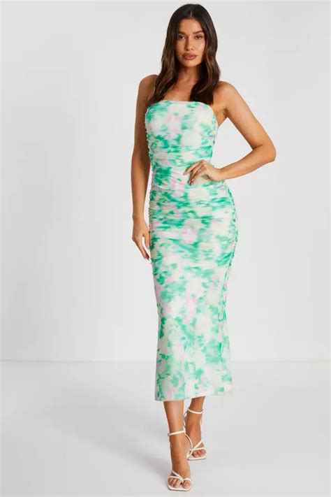 Green Floral Abstract Mesh Midi Dress Quiz Clothing