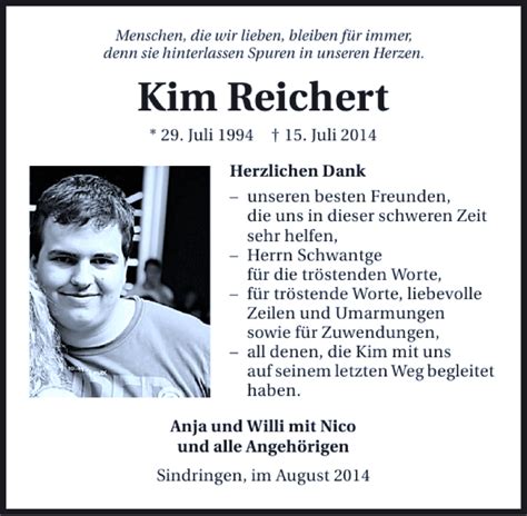 Traueranzeigen Von Kim Reichert Trauerundgedenken De