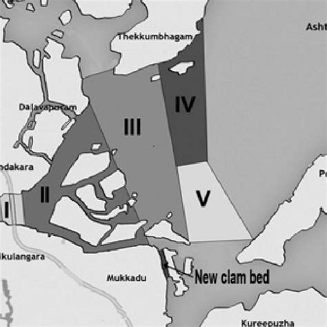 Map of Ashtamudi Lake showing the five clam fishing zones (I-V) and the ...