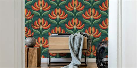 Retro Geometric Floral Teal Red Orange wallpaper | Happywall