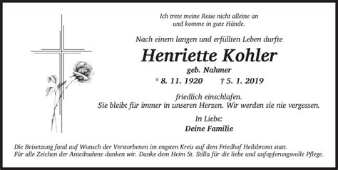 Traueranzeigen Von Henriette Kohler Trauer Flz De