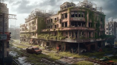 Post Apocalyptic Ruined City Destroyed Buildings Burnt Out Vehicles