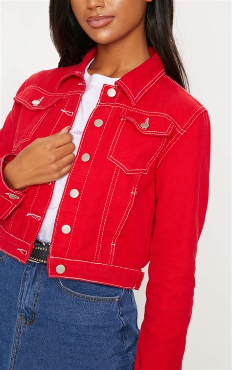 Deep Red Cropped Denim Jacket Prettylittlething