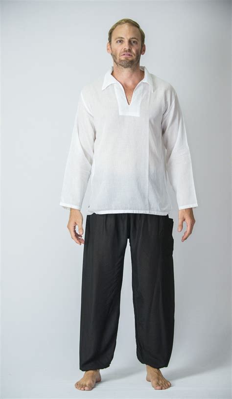 Mens Yoga Shirts Collar V Neck in White – Harem Pants