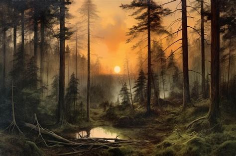 Premium AI Image | A painting of a forest with a sunset in the background.