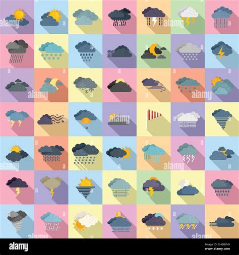 Cloudy Weather Icons Set Flat Vector Climate Air Snow Rain Stock