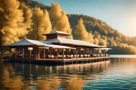 Premium Photo A Wooden House On The Water With A Mountain View