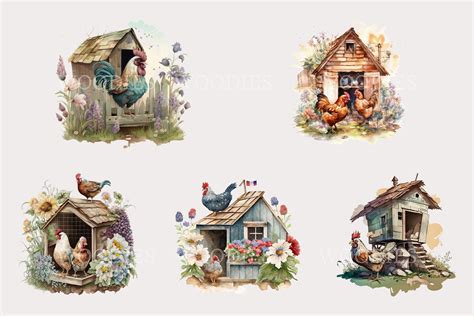 Watercolor Chicken Coop Clipart Rooster Clipart Hen House Etsy