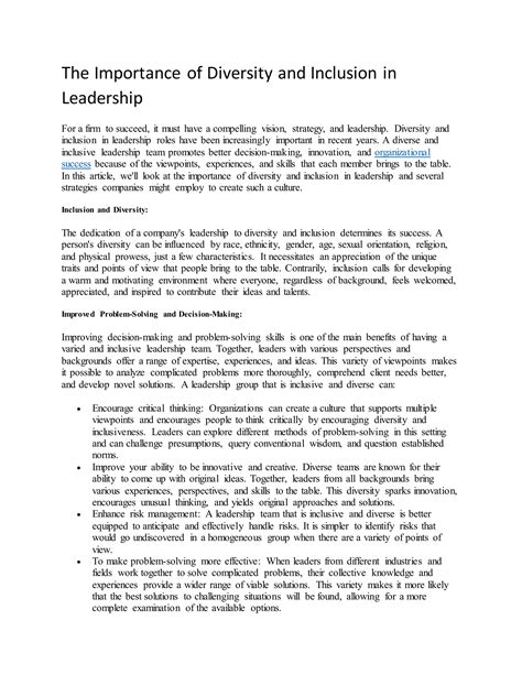 The Importance Of Diversity And Inclusion In Leadership Pdf