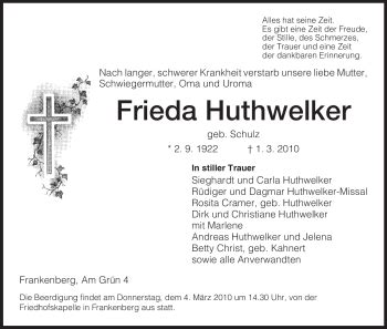 Traueranzeigen Von Frieda Huthwelker Trauer Hna De