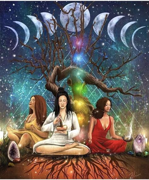 Three Women Are Sitting On The Ground In Front Of A Tree With Moon