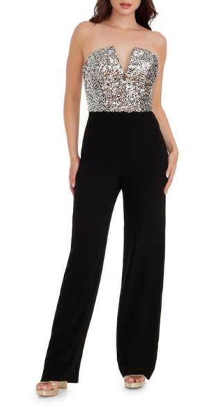 Dress The Population Fernanda Sequin Bodice Strapless Jumpsuit In Silver Black