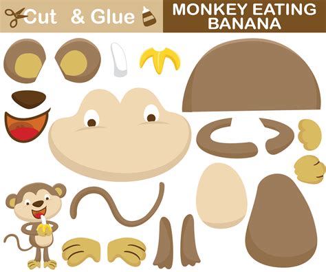 Funny monkey eating banana. Education paper game for children. Cutout and gluing. Vector cartoon ...