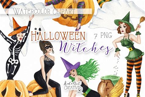 Watercolor Halloween Witches Clipart Pin Up Girls Clipart