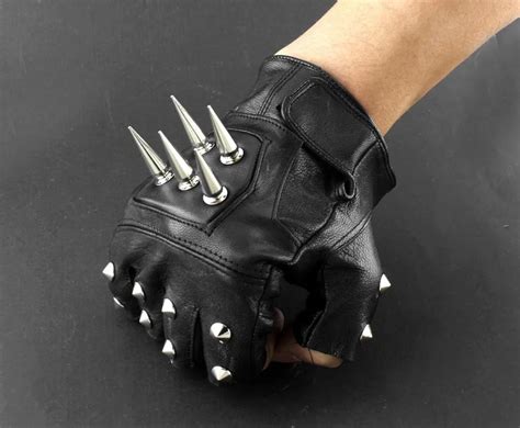 Mens Leather Spike stud Punk Rocker Driving Motorcycle Biker Fingerless ...