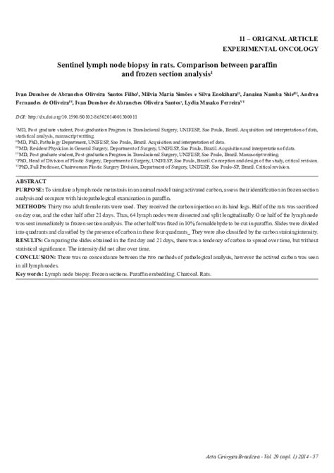 Pdf Sentinel Lymph Node Biopsy In Rats Comparison Between Paraffin