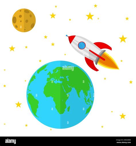 Rocket Flies Through In Space Vector Illustration Spacecraft Earth And Moon Stock Vector