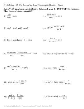 Pre Calculus H Section 8 2 HW WS Proving And Verifying Trig Identities