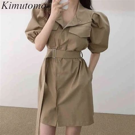 Kimutomo Chic Safari Estilo Vestidos Mujeres Elegante Retro Turn Down