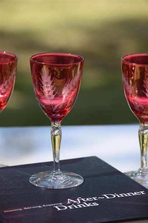 4 Vintage Red Etched Liqueur Wine Glasses 1950 S After Dinner Drink