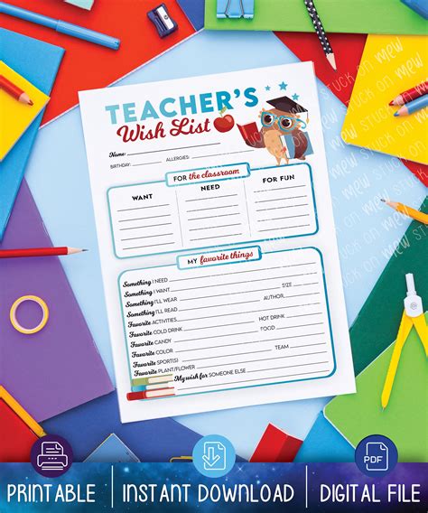 Printable Teachers Favorite Things Wish List Questionnaire Wish List