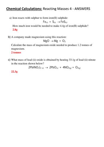 Chemical Calculations Reacting Masses 4 By Misskcat Teaching Resources Tes