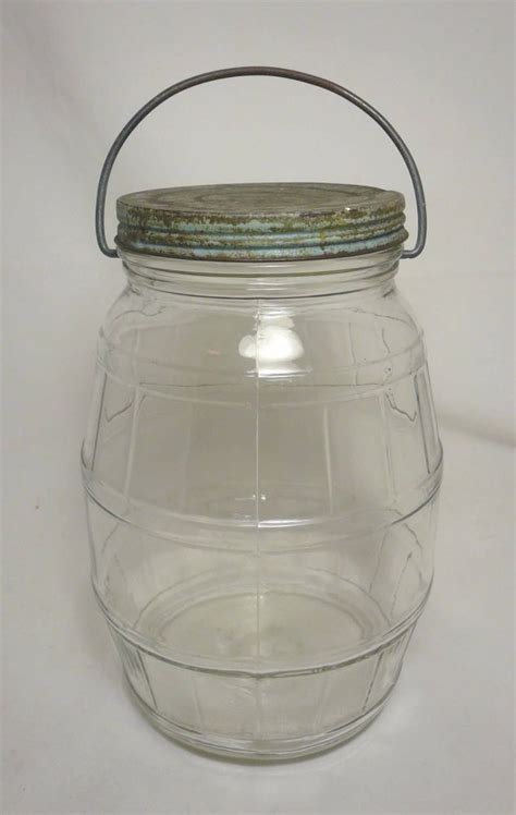 Vintage 1 Gallon Glass Barrel Pickle Jar W Metal Screw Top Lid Bale