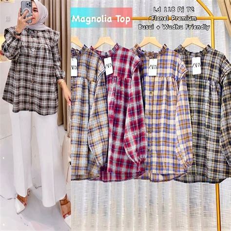 Jual Atasan Kemeja Wanita Baju Kerja Baju Kotak Kotak Magnolia Top