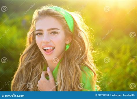 Young Smiling Summer Woman Outdoors Portrait Soft Sunny Colors Close