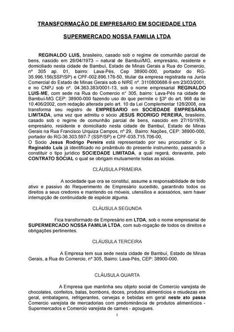 Modelo Transformacao Empresario EM LTDA1 TRANSFORMAÇÃO DE EMPRESARIO