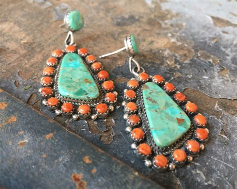 Orange Spiny Oyster And Turquoise Cluster Earrings Southwestern Native