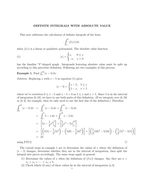 Definite Integrals With Absolute Value This Note