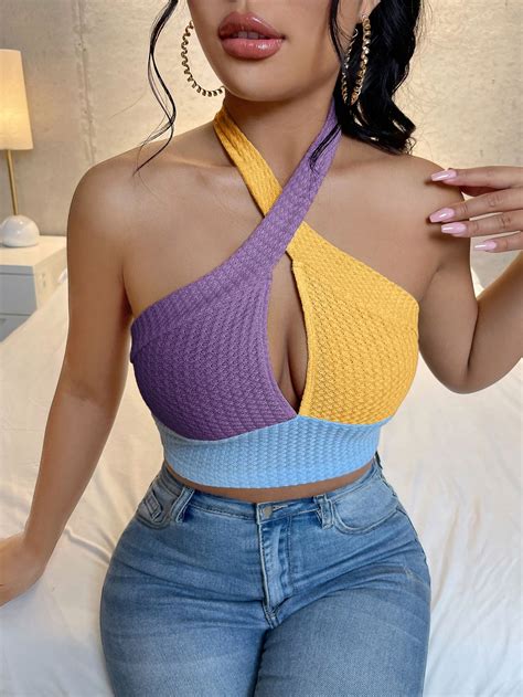 Multicolor Sexy Collar Fabric Colorblock Halter Embellished Slight