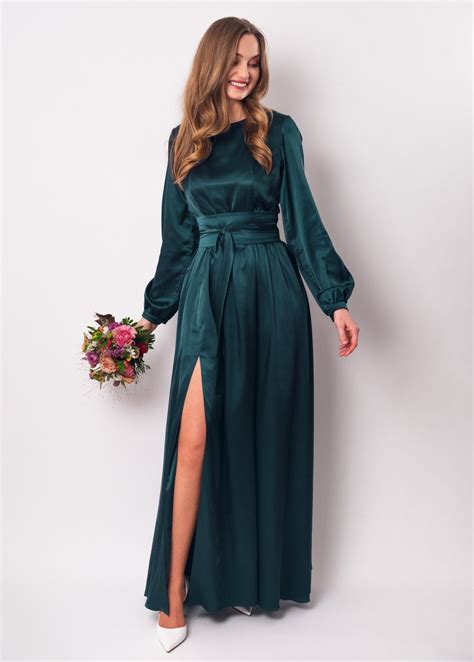 Dark Teal Green Silk Dress With Belt Long Slit Dress - Etsy