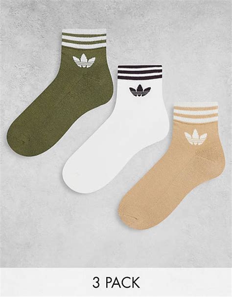 Adidas Originals Adicolor Trefoil 3 Pack Ankle Socks In Beige And Green