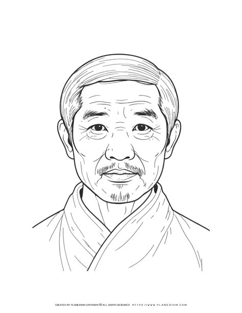 Chinese Old Male With Mustache Portrait Coloring Page Front View