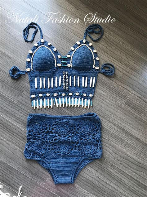 Crochet Swimsuit Bikini Halter Top Swimwear Top Beaded Brazilian