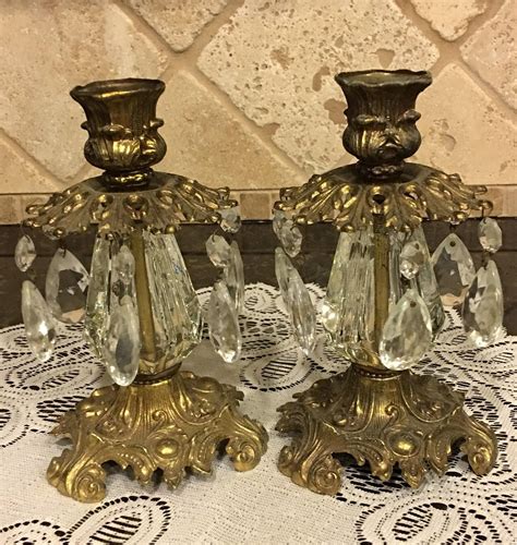 Pair Of Vintage Brass Dangling Crystals Teardrops Candle Holder L L Wmc