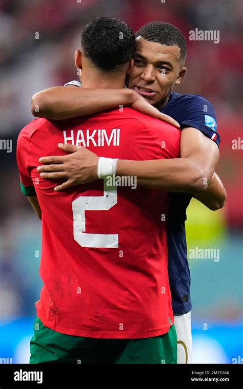 Frances Kylian Mbappe Hugs Moroccos Achraf Hakimi At The End Of The