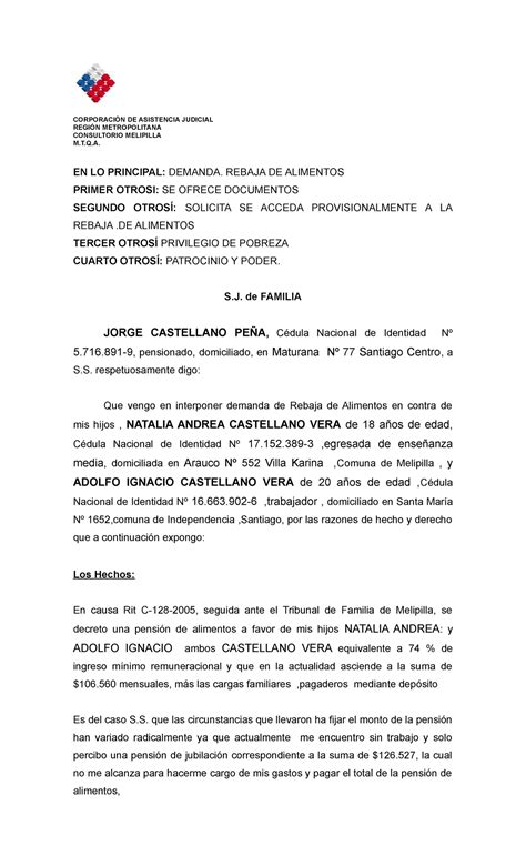 3943693 Demanda DE Rebaja DE Alimentos Jorge Castellano PENA