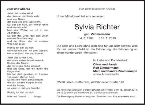 Traueranzeigen Von Sylvia Richter Aachen Gedenkt