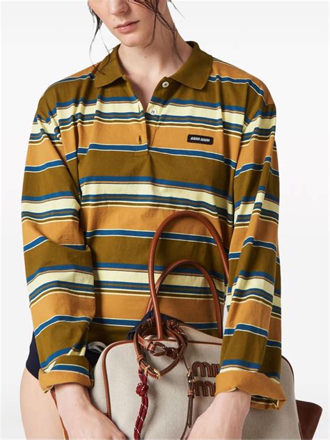 Miu Miu Striped Cotton Polo Shirt Brown Farfetch